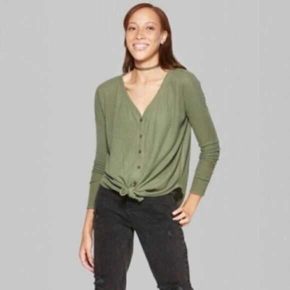 Wild Fable Knot Front Waffle Knit Thermal Top Size Medium Olive Green - Picture 1 of 13